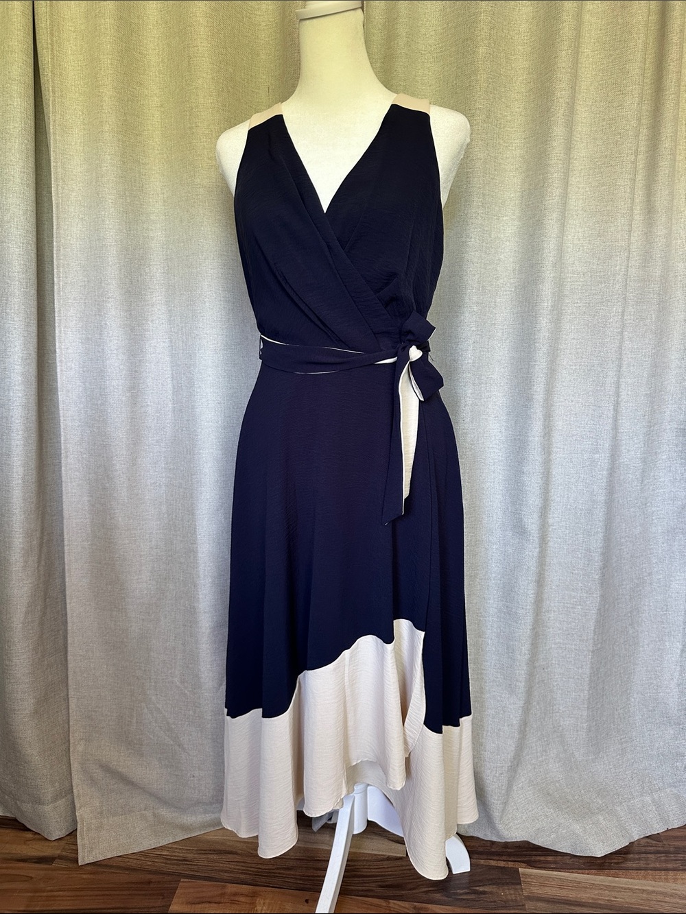Sleeveless Wrap Midi Dress in Navy and Cream